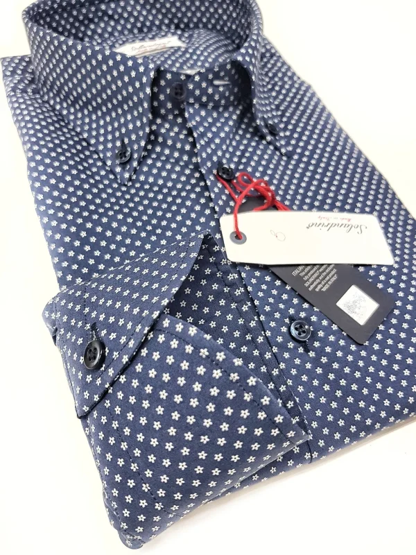 Camicia micro fantasia blu button down puro cotone made in italy men shirt blue Fantasy