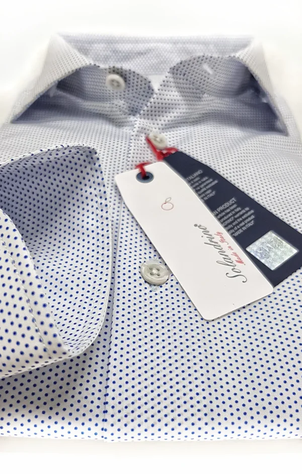 Camicia micro fantasia blu pois punta spillo puro cotone popeline made in italy