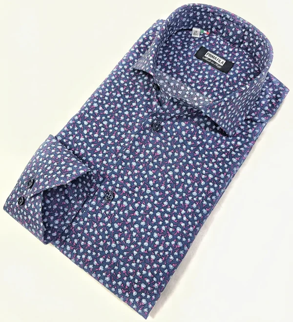 Camicia micro fantasia floreale blu puro cotone made in italy men shirt blue Fantasy