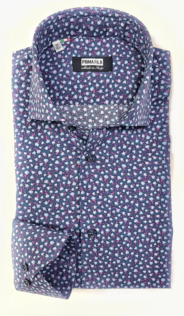 Camicia micro fantasia floreale blu puro cotone made in italy men shirt blue Fantasy