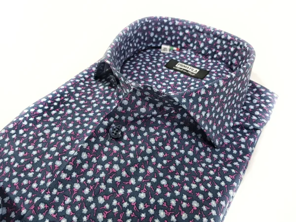 Camicia micro fantasia floreale blu puro cotone made in italy men shirt blue Fantasy