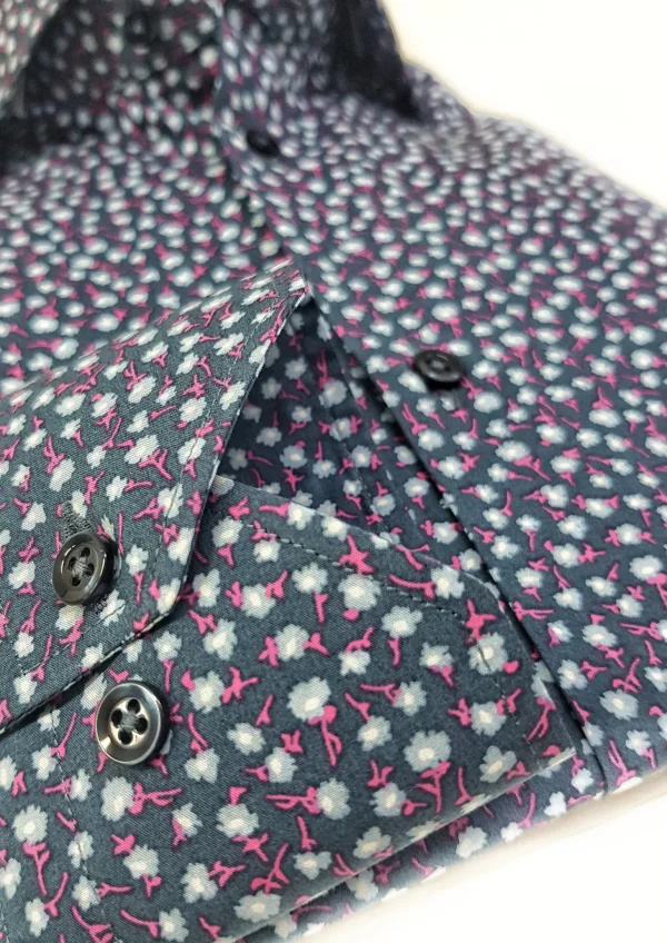 Camicia micro fantasia floreale blu puro cotone made in italy men shirt blue Fantasy