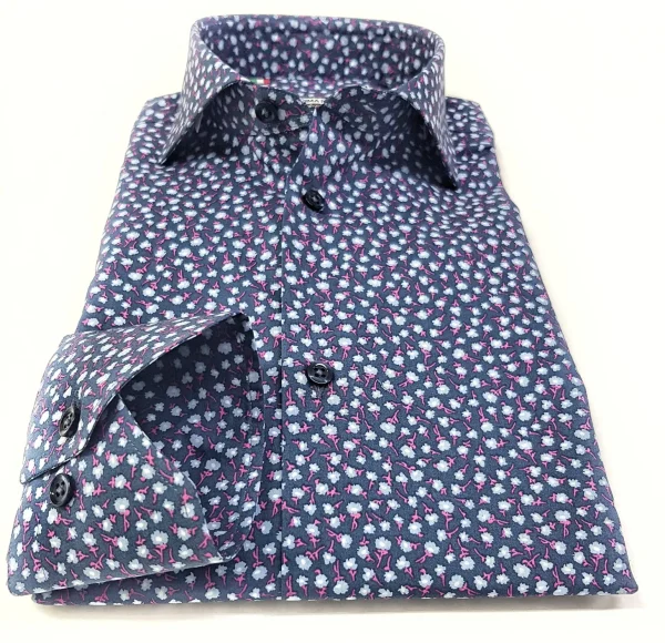Camicia micro fantasia floreale blu puro cotone made in italy men shirt blue Fantasy