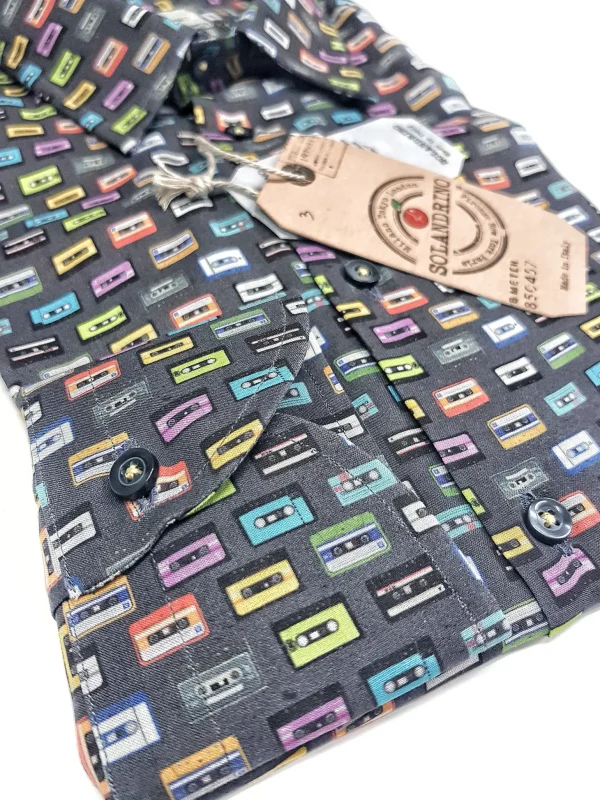 Camicia puro cotone fantasia stampata musicassetta design made in italy Shirt print Fantasy