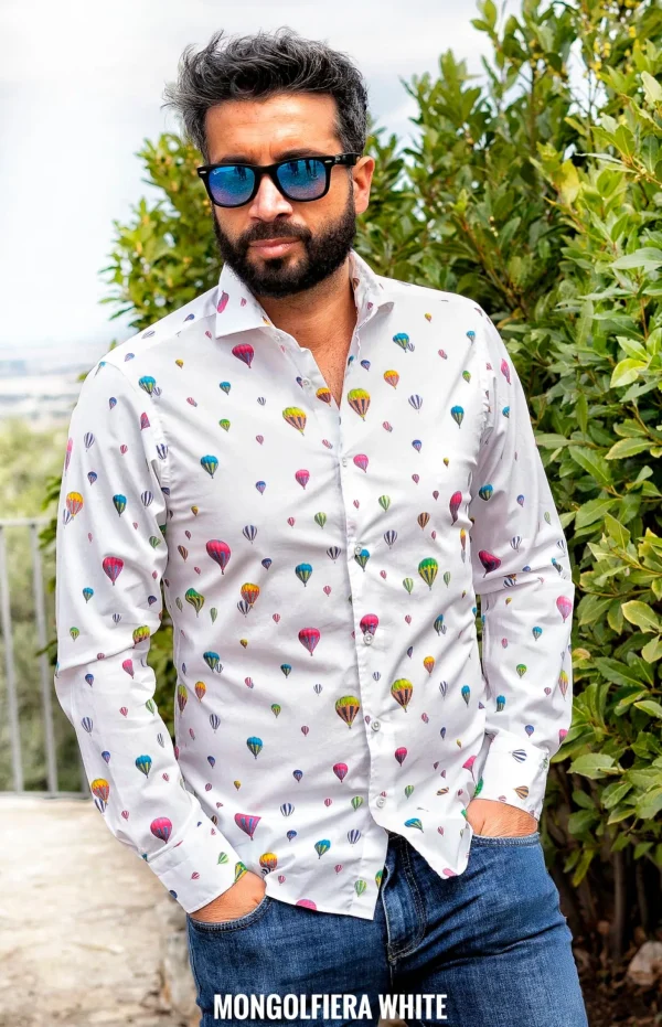 Camicia puro cotone fantasia mongolfiera travel cotone made in italy hot air ballon design