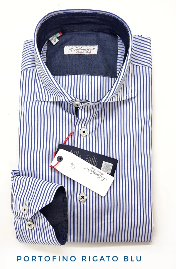 Camicia rigata puro cotone bianco blu con inserti in denim blu