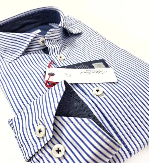 Camicia rigata puro cotone bianco blu con inserti in denim blu