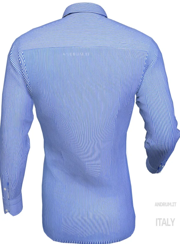 Camicia rigata puro cotone bianco azzurro con inserto in denim blu