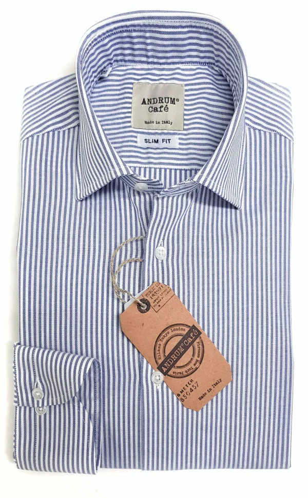 Camicia uomo a righe azzurre puro cotone panama made in italy