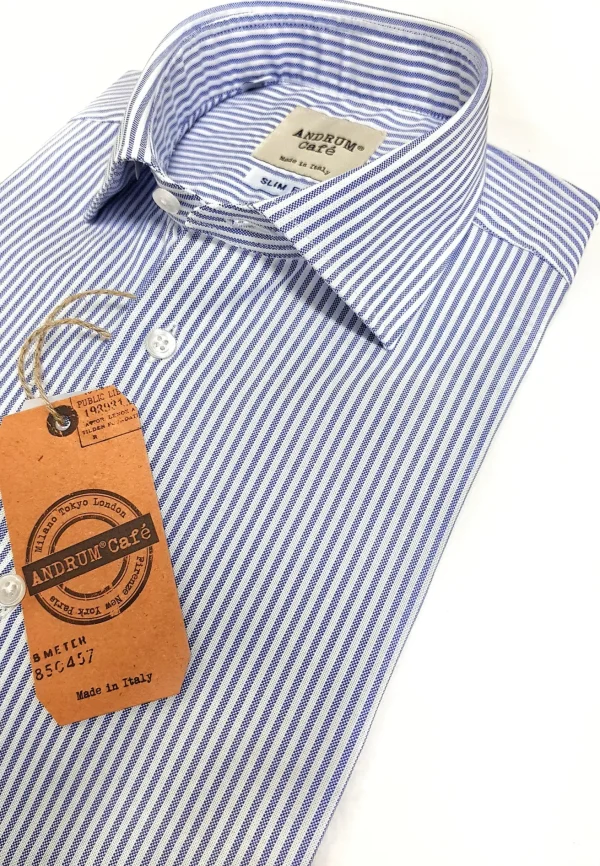 Camicia uomo a righe azzurre puro cotone panama made in italy
