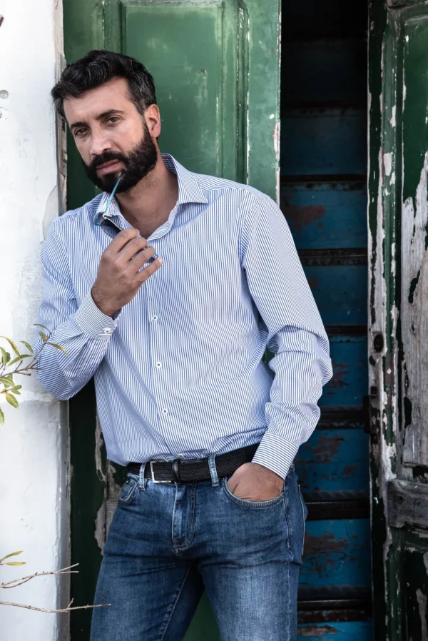 Camicia Uomo alta qualità puro cotone a righe blu navy made in Italy