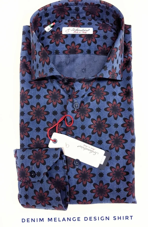 Camicia uomo DENIM blu FANTASIA FASHION BORDEAX puro cotone made in Italy Blue Navy shirt