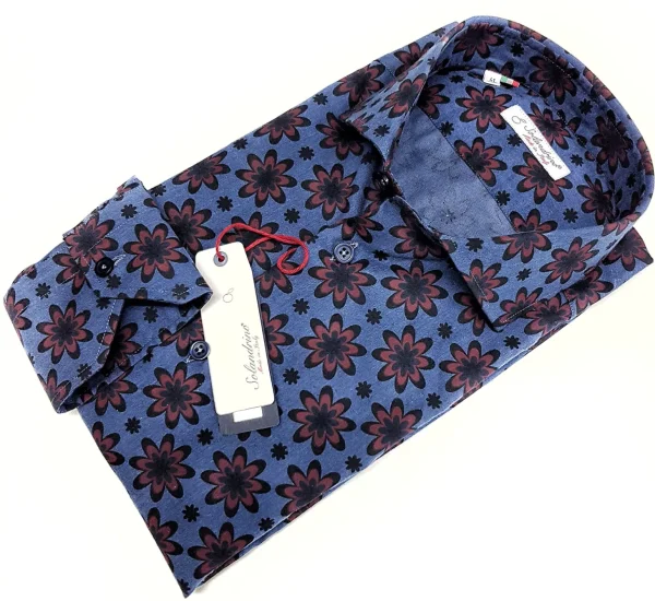 Camicia uomo DENIM blu FANTASIA FASHION BORDEAX puro cotone made in Italy Blue Navy shirt