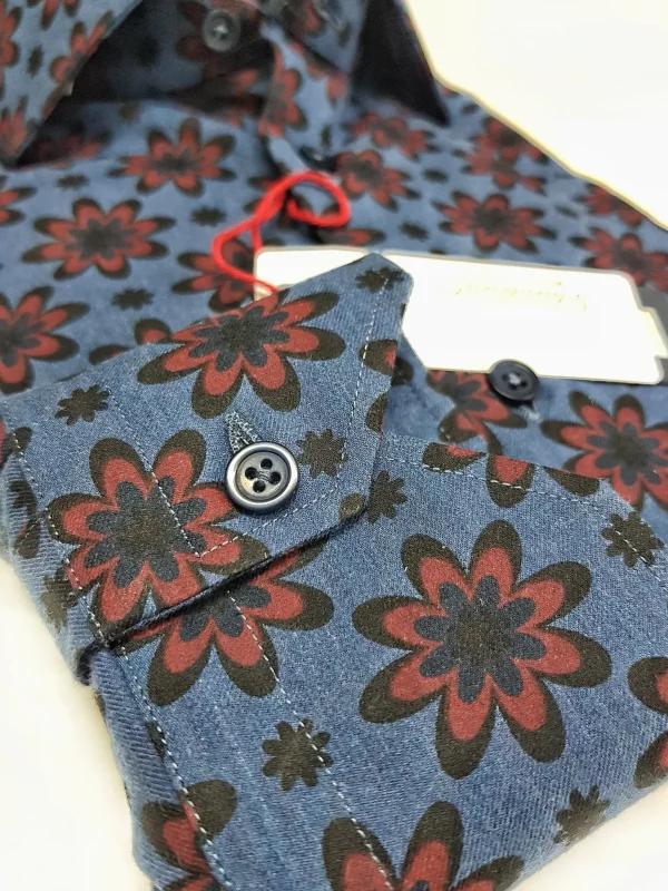 Camicia uomo DENIM blu FANTASIA FASHION BORDEAX puro cotone made in Italy Blue Navy shirt