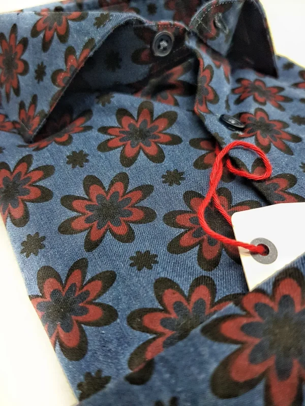Camicia uomo DENIM blu FANTASIA FASHION BORDEAX puro cotone made in Italy Blue Navy shirt