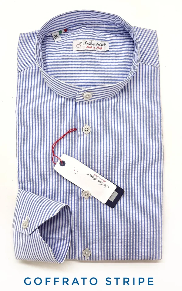Camicia Uomo guru coreano goffrato puro cotone a righe azzurre seersucker stropicciato
