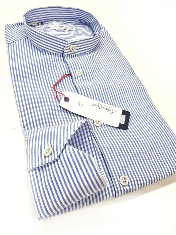 Camicia Uomo guru coreano goffrato puro cotone a righe azzurre seersucker stropicciato