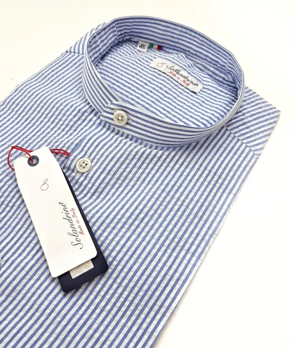 Camicia Uomo guru coreano goffrato puro cotone a righe azzurre seersucker stropicciato