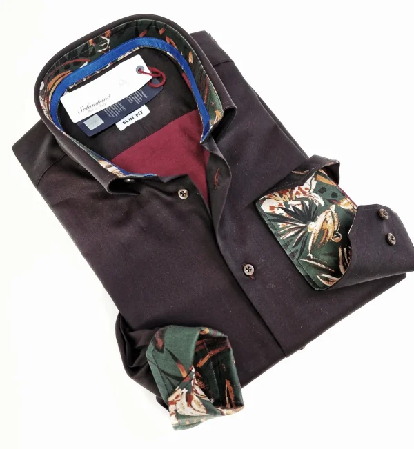 Camicia uomo marrone testa di moro con inserti  puro cotone made in Italy Brown shirt