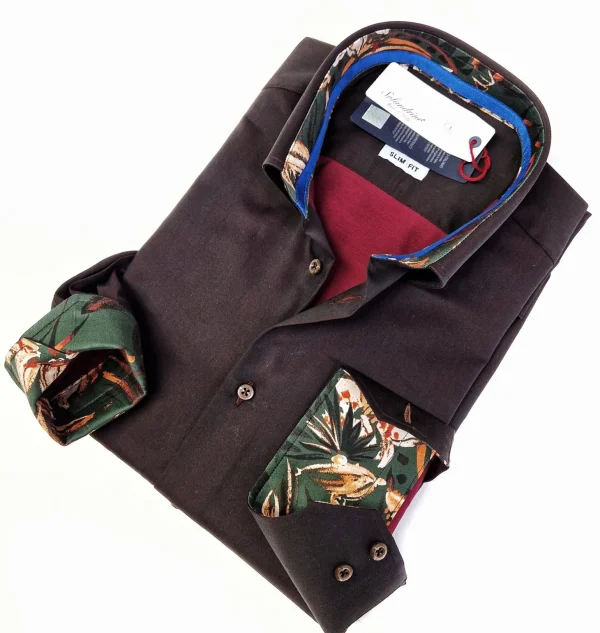 Camicia uomo marrone testa di moro con inserti  puro cotone made in Italy Brown shirt