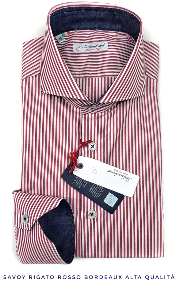 Camicia Uomo puro cotone a righe rosso bordeaux alta qualità bacchettino rigato titolo 120 made in italy