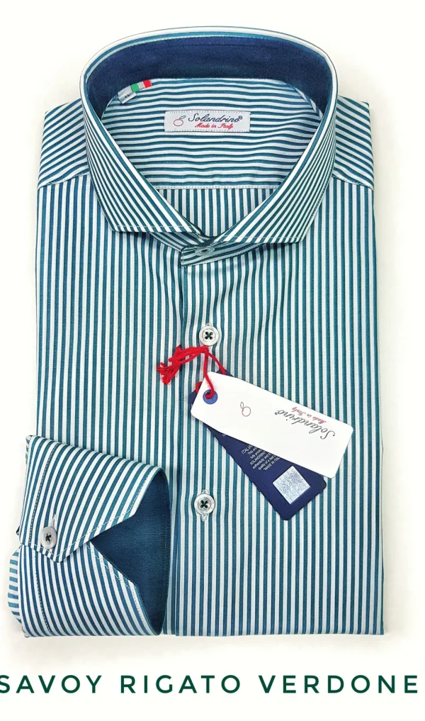 Camicia Uomo puro cotone a righe verdone verde inglese  alta qualità bacchettino rigato titolo 120 made in italy