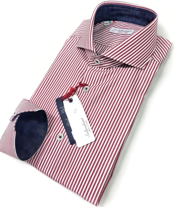 Camicia Uomo puro cotone a righe rosso bordeaux alta qualità bacchettino rigato titolo 120 made in italy