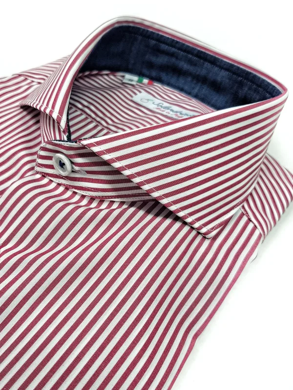 Camicia Uomo puro cotone a righe rosso bordeaux alta qualità bacchettino rigato titolo 120 made in italy