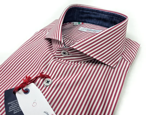 Camicia Uomo puro cotone a righe rosso bordeaux alta qualità bacchettino rigato titolo 120 made in italy