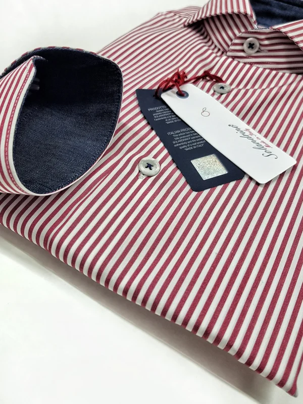 Camicia Uomo puro cotone a righe rosso bordeaux alta qualità bacchettino rigato titolo 120 made in italy