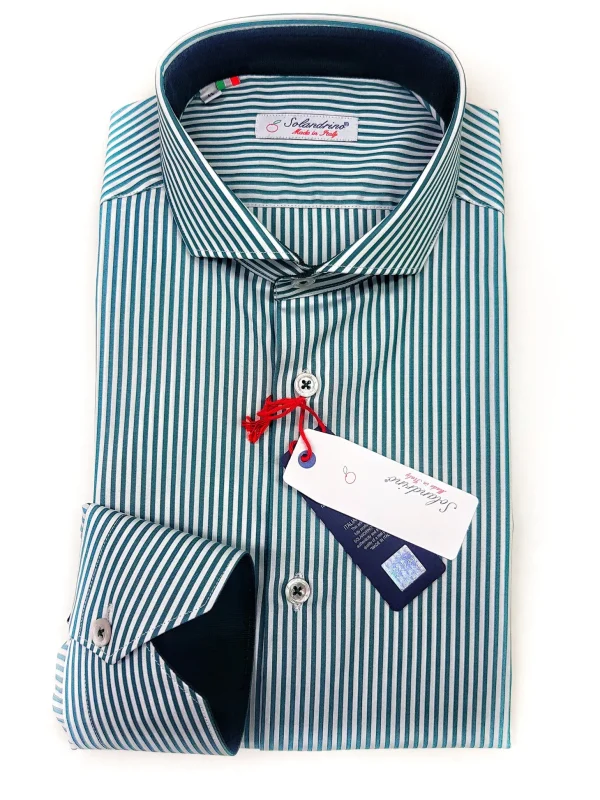 Camicia Uomo puro cotone a righe verdone verde inglese  alta qualità bacchettino rigato titolo 120 made in italy