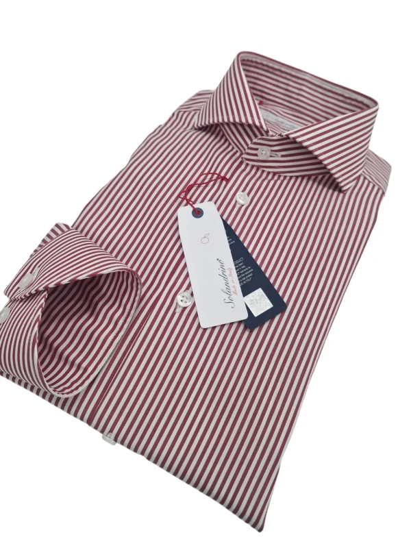 Camicia Uomo Rigato rosso bacchettino titolo 120 bordeaux alta qualità pari pari Made in Italy