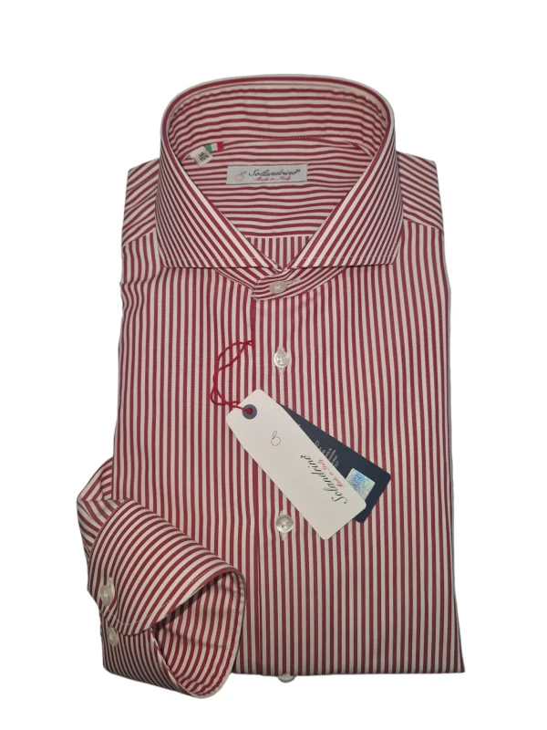 Camicia Uomo Rigato rosso bacchettino titolo 120 bordeaux alta qualità pari pari Made in Italy