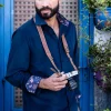 Camicia velluto blu cotone con inserti fantasia nel collo e polsini made in italy