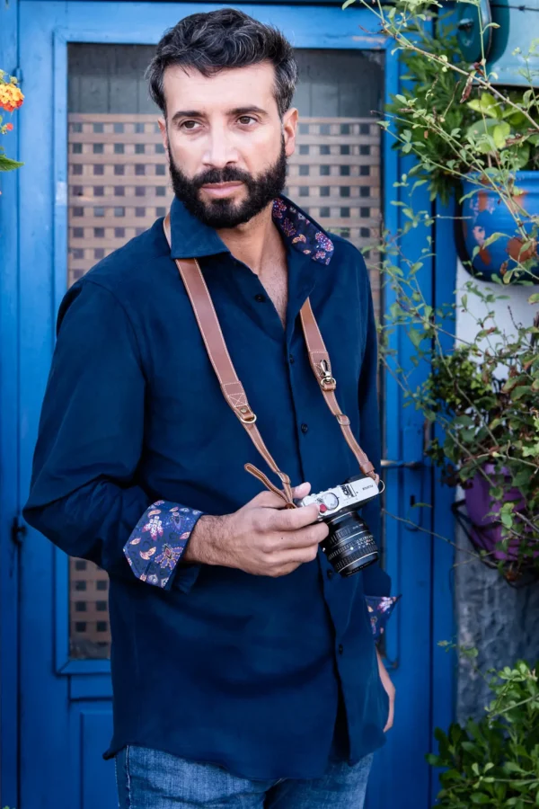 Camicia velluto blu cotone con inserti fantasia nel collo e polsini made in italy