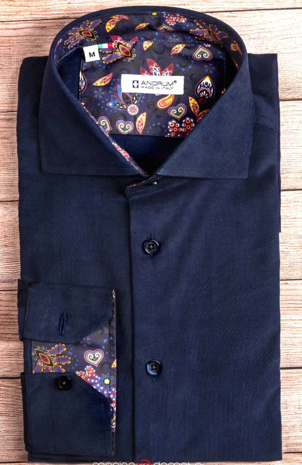 Camicia velluto blu cotone con inserti fantasia nel collo e polsini made in italy