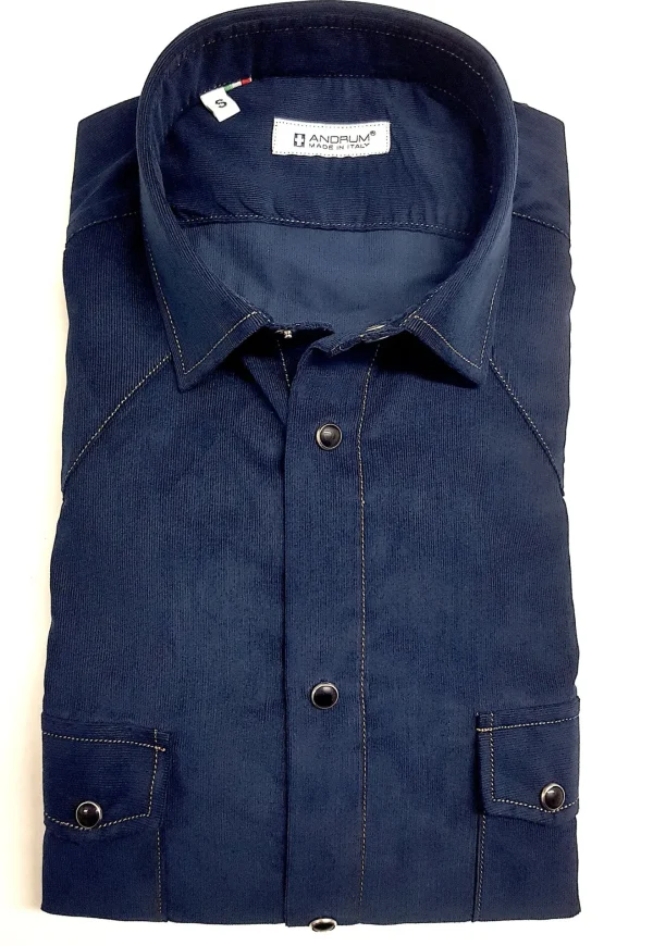 Camicia velluto blu texanina country bottoni automatici a pressione con doppia tasca e pattine