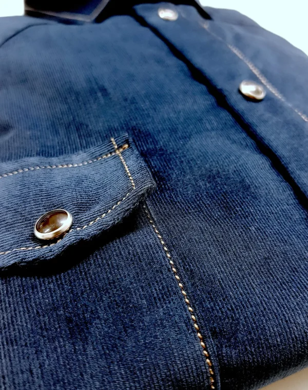 Camicia velluto blu texanina country bottoni automatici a pressione con doppia tasca e pattine