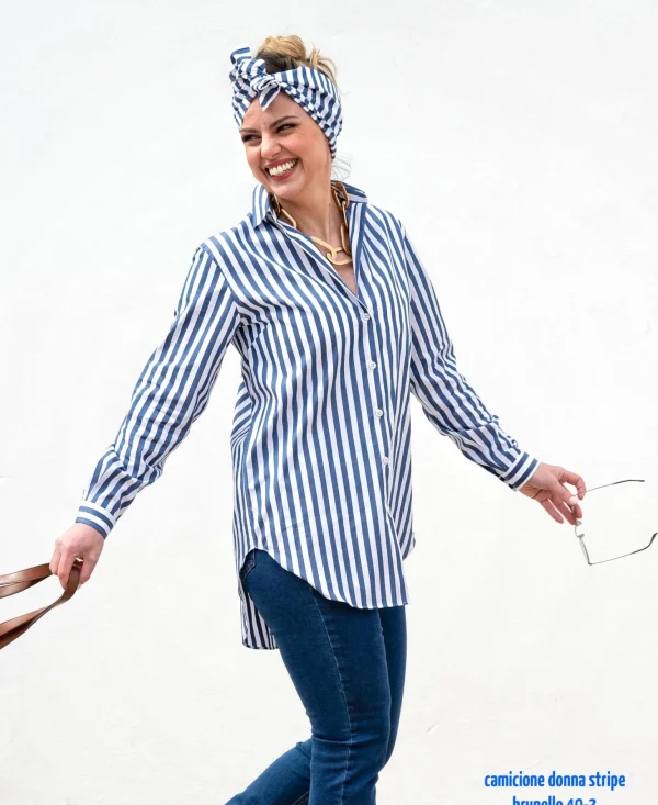 Camicione Donna fasciato Vestito a fasce blu cotone made in italy woman shirt