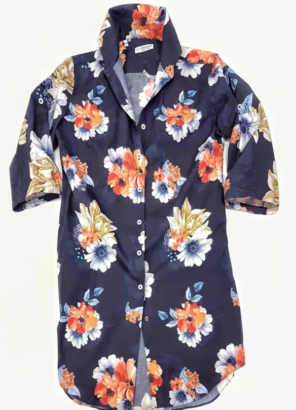 Camicione Donna Vestito cotone fantasia paisley blu arancio  made in italy dress shirt