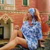 Copricostume Abito Camicia  Caftano donna fantasia paisley bianco azzurro viscosa lino Made in italy