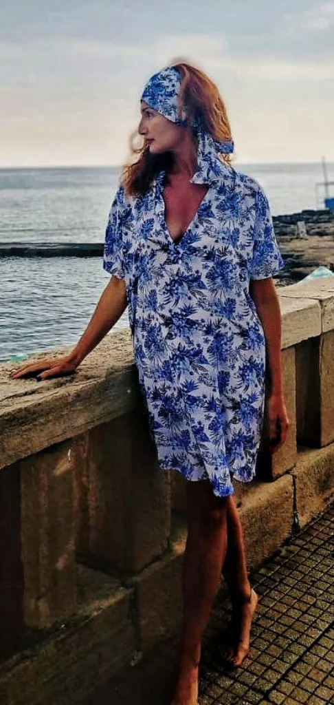 Copricostume Abito Camicia  Caftano donna fantasia paisley bianco azzurro viscosa lino Made in italy