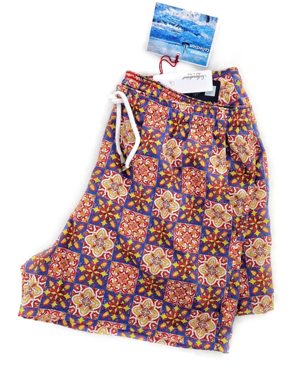 Costume da Bagno fantasia Capri slip interno  morbido tessuto asciugatura rapida Boxer mare uomo fantasia maiolica con 2 tasche laterali Made in Italy