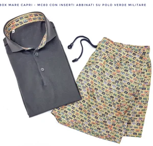 Costume da Bagno Fantasia musicassette abbinato a Camicia polo Lino verde militare con inserti BOX slip interno Made in Italy