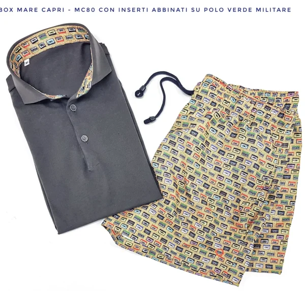 Costume da Bagno Fantasia musicassette abbinato a Camicia polo Lino verde militare con inserti BOX slip interno Made in Italy