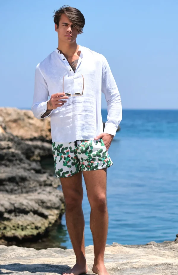 Costume da Bagno Fico D'india abbinato a Camicia Polo Lino Bianco con inserti Box Mare slip interno Made in Italy