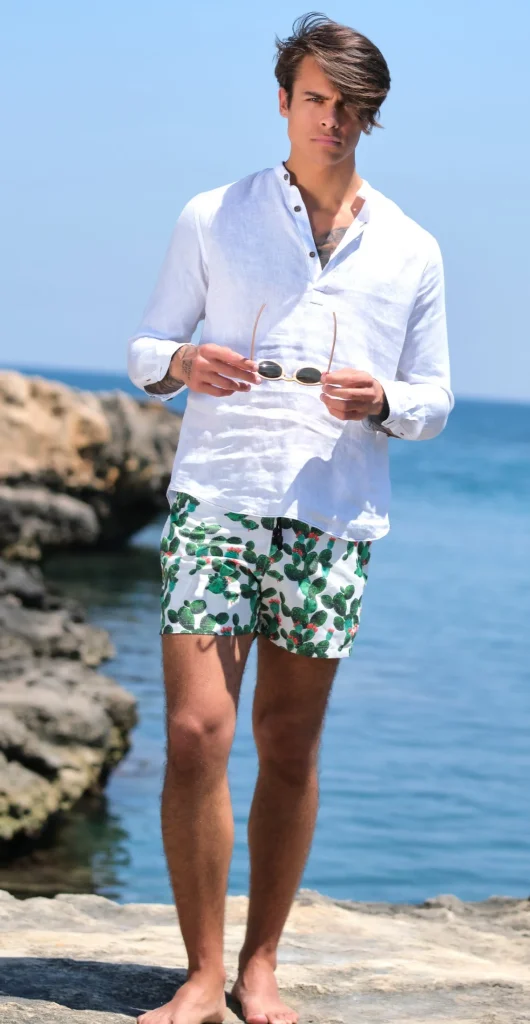 Costume da Bagno Fico D'india abbinato a Camicia Polo Lino Bianco con inserti Box Mare slip interno Made in Italy