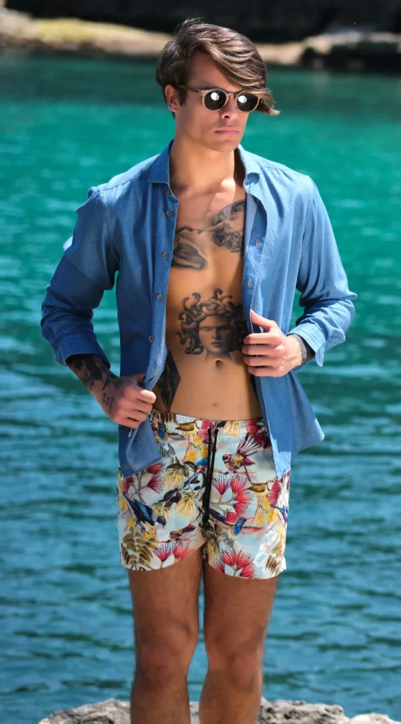 Costume da Bagno FLOREALE  abbinato a Camicia denim con inserti BOX slip interno Made in Italy
