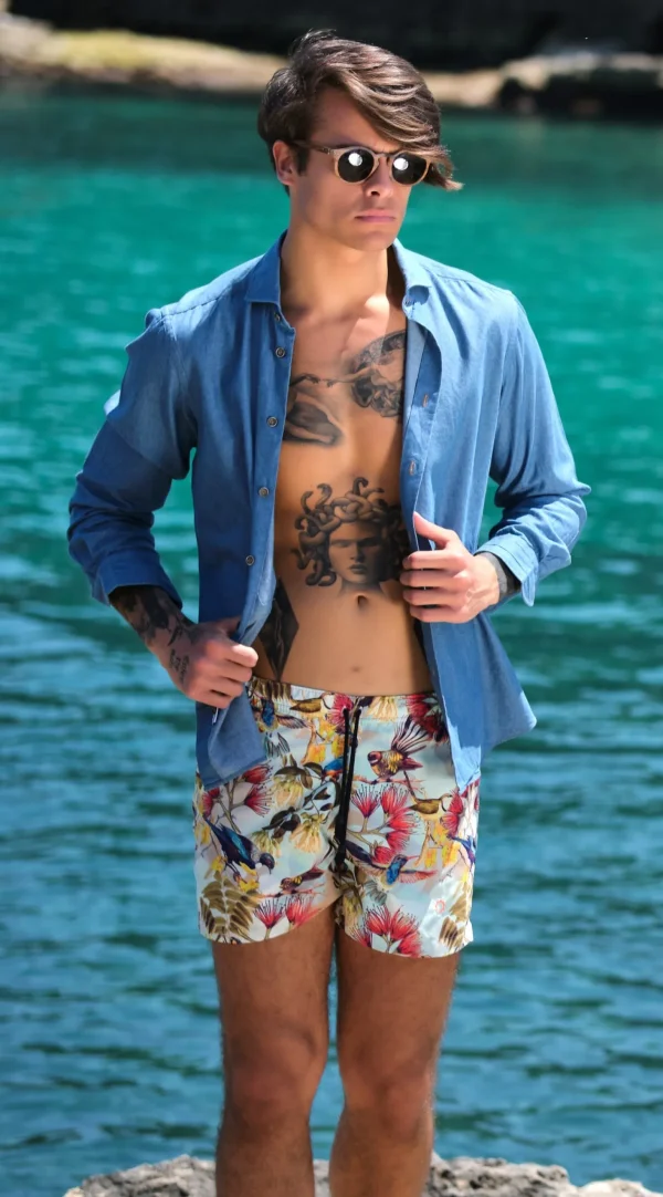 Costume da Bagno FLOREALE  abbinato a Camicia denim con inserti BOX slip interno Made in Italy