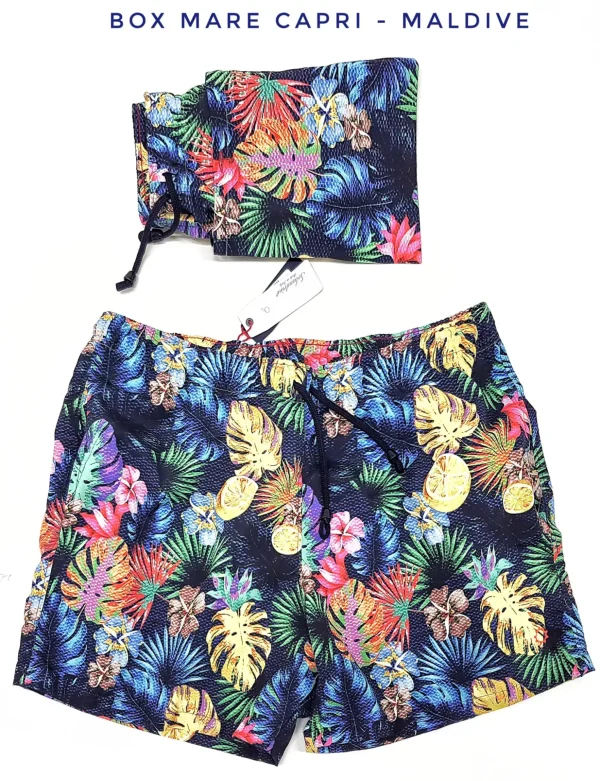 Costume da Bagno Hawaiano morbido tessuto slip interno  asciugatura rapida Boxer mare uomo fantasia Maldive con 2 tasche laterali Made in Italy